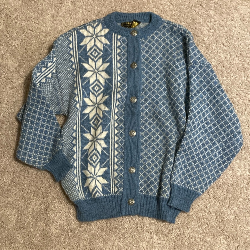 Blue and White print wool cardigan sweater